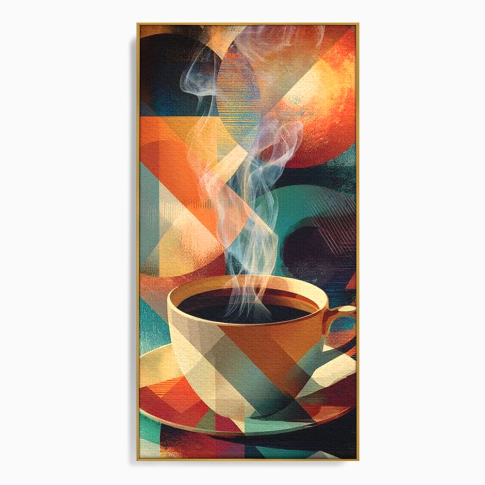 Tablou canvas cu ilustratie abstracta cu ceasca de cafea, in rama de aluminiu auriu